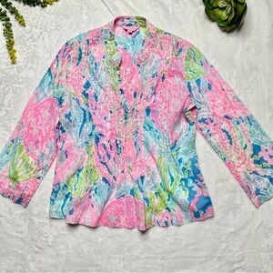 Lilly Pulitzer Silk Beaded Long Sleeve Blouse in Let's Cha Cha Womens Small